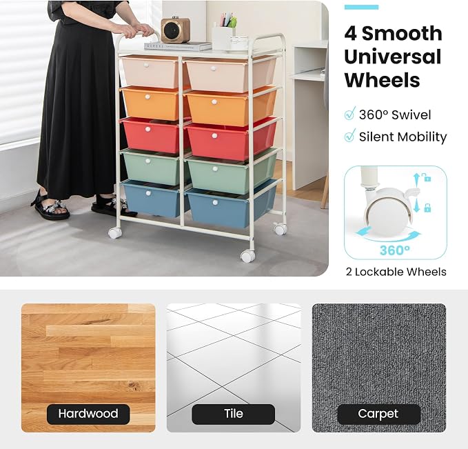 Giantex 10 Drawers Rolling Cart, Classroom Organizers, Storage Cart with Wheels, for Teacher Office Home School Supplies Tool Craft Art Paper, Multicolor