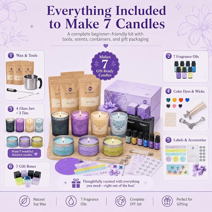 RU HANDMADE DIY Candle Making Kit for Adults – Soy Wax Candle Kit for Beginners, Make 7 Full-Size Candles with 7 Gift Boxes, 1120g Wax, 7×10ml Fragrance Oils, 4 Glass 7oz Jars & 3 Tins