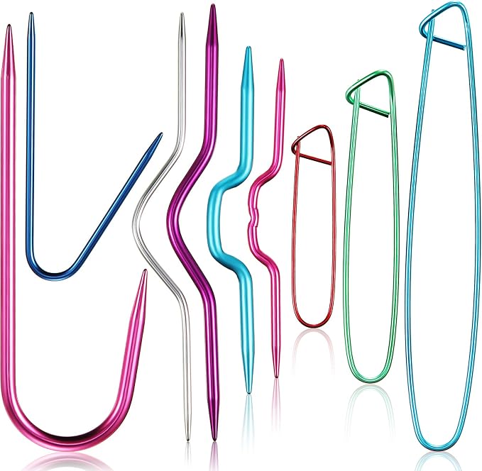 WILLBOND 9 Pieces Cable Stitch Holders, Mixed Color Aluminum Cable Needles Stitch Holders, Safety Pin Brooch Weaving Sweater Knitting Tool, Bent Tapestry Needles for Yarn Sewing Knitting