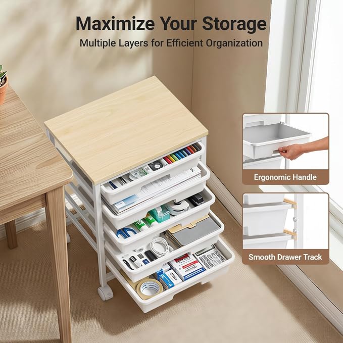 Pipishell Rolling Cart with 5 Drawers, Craft Storage Cart, Class White