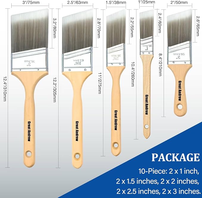 Great Andrew 10 Pack Paint Brushes Bulk 1" 1.5" 2" 2.5" 3" Angled