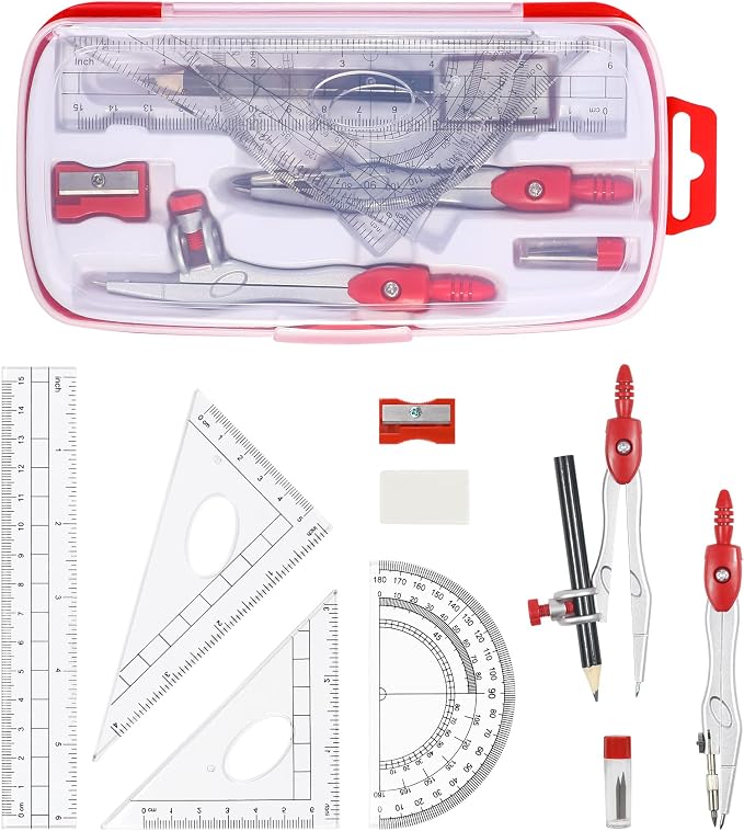 Unjoo Math Geometry Set 10 Pcs, Compass and Protractor for Students (Red | Shatterproof Storage Box,Rulers,Protractor,Compass,Eraser,Pencil Sharpener,Lead Refills,Pencil,for Classroom, Back to School