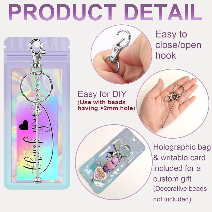 42/84/126 Pcs Beadable Keychain Bars Bulk Blank DIY Beaded Keychain Making Supplies with Bag Thank You Card
