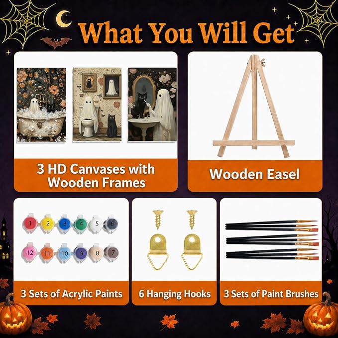 Mandun Halloween Paint by Numbers Kit for Adults, 3 Pack, 7.8x11.8 inch | DIY Painting Kits Crafts for Adults, Relieve Stress, Frame Canvas, Wooden Easel, Gift Box, Home Wall Decor