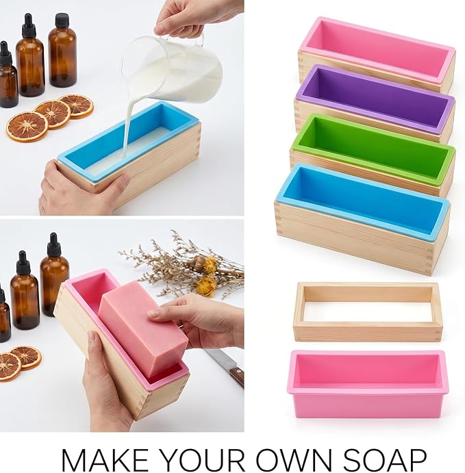 4 Pcs Flexible Rectangular Soap Loaf Mold Silicone Molds with Wood Box 42oz | Soap Making Mollds DIY Tool, for Homemade Soap Making, Purple, Green, Blue, Pink