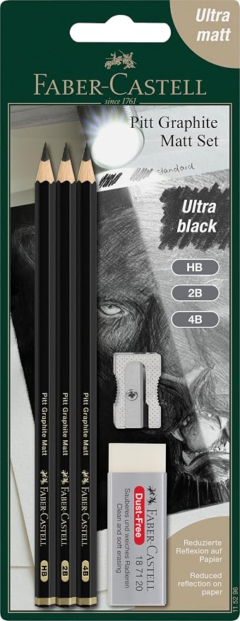 Faber-Castell 3 Count Pitt Graphite Matte Tin - HB, 2B, 4B - Matte Black Graphite Pencils