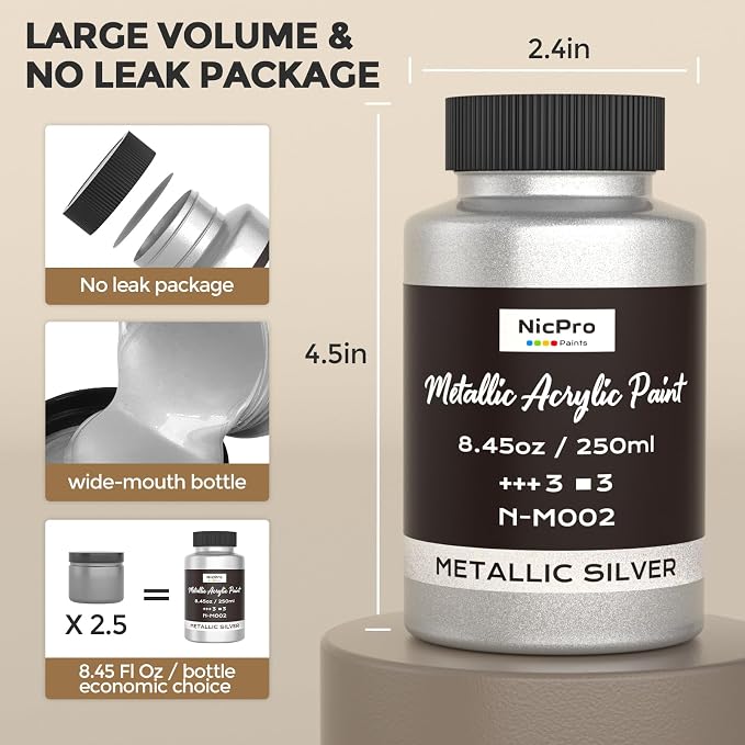 Nicpro Metallic Silver Acrylic Paint, 8.45oz/250ml Silver Leaf Paint | Non Toxic, Non Fading Art Craft Paints for Canvas, Wood, Clay, Fabric, Metal, Furniture, Art Supplies