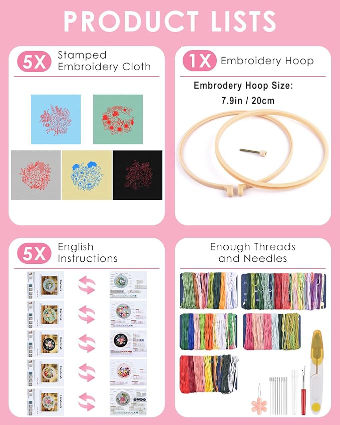TINDTOP 5 Sets Embroidery Kit for Adults, Floral Embroidery Practice Kit for Beginners Include Embroidery Cloth Hoops Threads for Craft Lover Hand Stitch | for Beginners Include Embroidery Cloth Hoops Threads for Craft Lover Hand Stitch