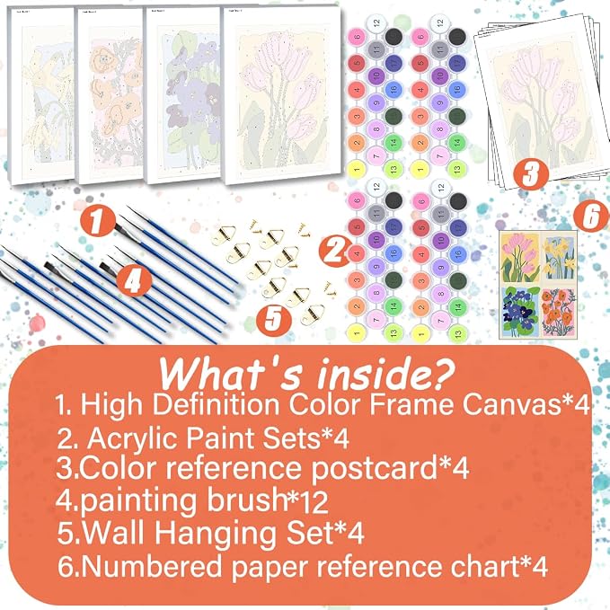 TONGZONGFU 4 Pack Framed Easy Paint by Numbers Kit for Adults Beginner,Easy Paint by Numbers Kit for Flower Small Paint by Number Kit for Kids Frame on Canvas for Home Decor 8x12 Inch