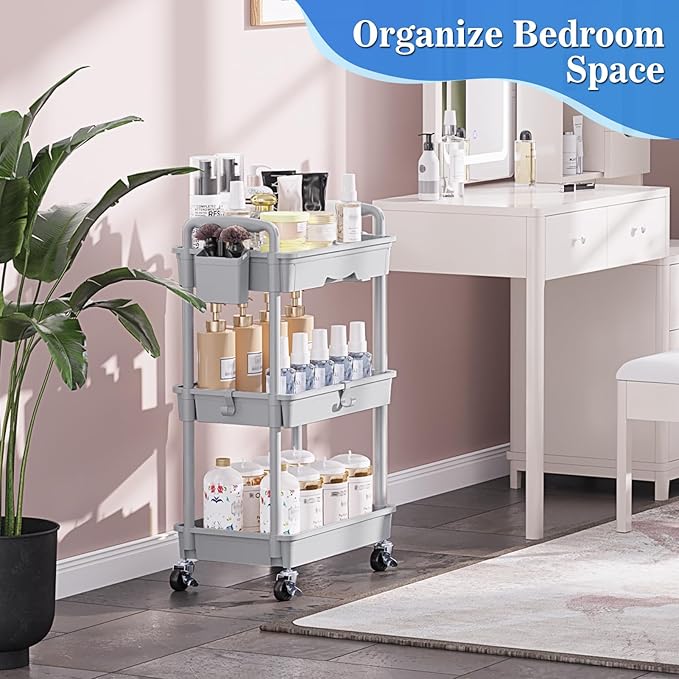 SUNALLY 3 Tier Rolling Cart with Drawer, Craft Storage Cart Organizer, Gray