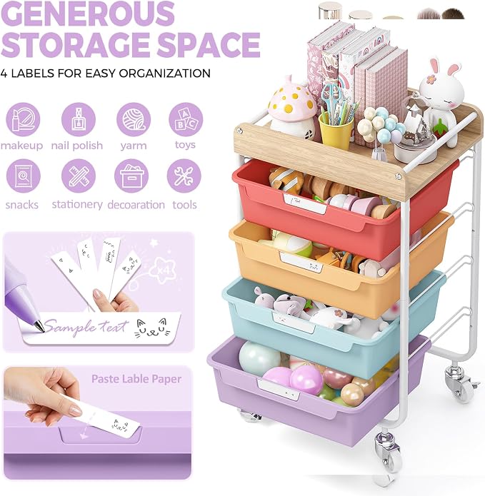 SYKIARIOL Rolling Craft Storage Cart with 4 Drawers,Art Cart,Jelly Color | Utility Cart with Drawers,Art Craft Organizers and Storage,Kids Craft Cart With DIY Lable and Wooden Tabletop Area