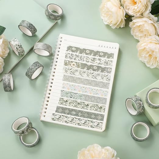 12 Rolls Floral Washi Tape Set,Sage Green,Greenery | Watercolor Flowers Design for Scrapbook Journal DIY Craft School Supplies, 15 mm Vintage Decorative Masking Washi Tapes