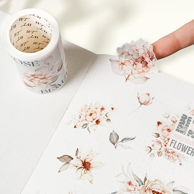 WT Pre-Cut Sweet Rosé Wide Washi Tape, Single Roll, Original Designs, Dreamy Rose Motifs & Subtle Handwritten Accents, Decorative Japanese Paper Tape for Journaling, Scrapbooking, Planner, DIY Crafts