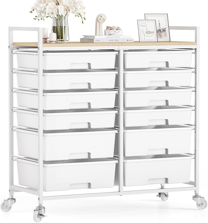 TOOLF 12 Drawers Rolling Storage Cart with Wooden Top for Classroom,White | Teacher Cart Craft Art Supply Organizer, Utility Cart with Lockable Wheels for Home Household Essentials, Office Organization