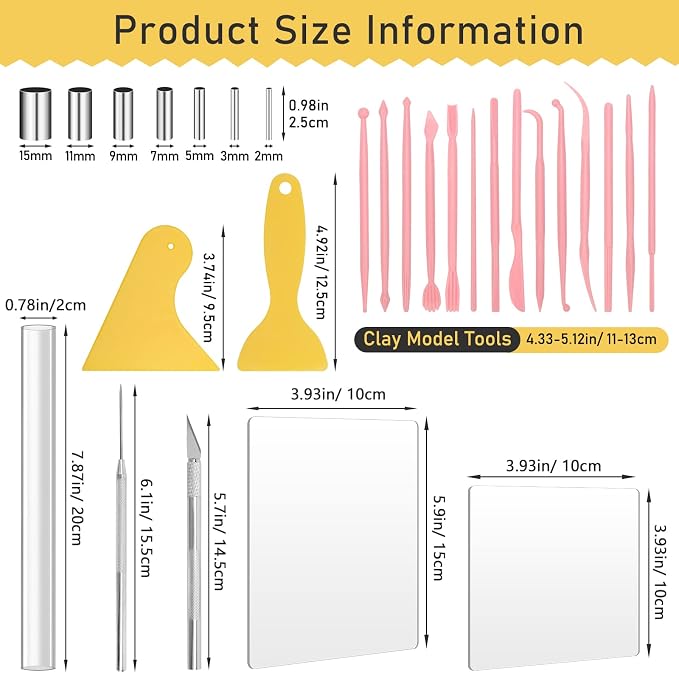 28Pcs Polymer Clay Cutter Tools, Pletpet Polymer Clay Tools Acrylic Roller/ 14 Sculpting Kits/ 7 Circle Shape Cutter/ 2 Acrylic Sheets for Press/ 2 Scarper/Needle Detail Shaping