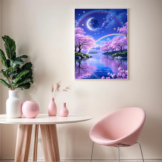 PINFFSHU 5D Diamond Painting Kits for Adults - Fantasy Starry Sky, Pink Cherry Blossoms & Magical Moonlit Rainbows DIY Full Drill Art, Sparkling Enchanted Landscape Wall Decor 12x16 Inches (30x40cm)
