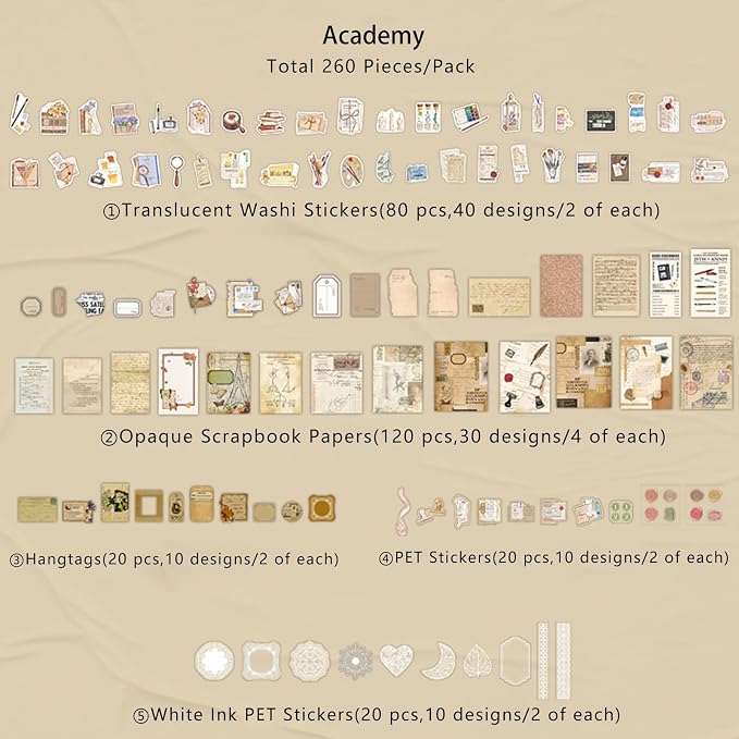 260 PCS Vintage Scrapbooking Supplies Kit for Beginners (Academy)