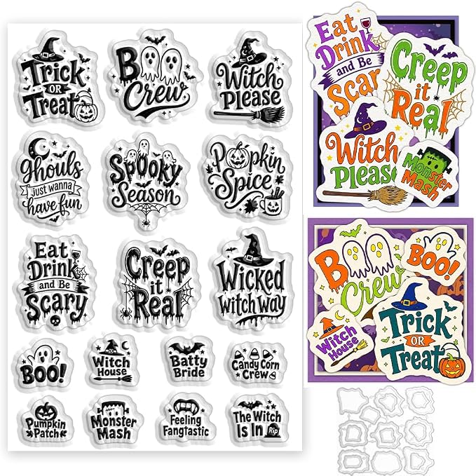 2Pcs Halloween Words Stamps and Dies Set for Card Making | Halloween Theme Clear Stamps and Metal Cutting Dies for Paper Crafting Painting Stencil for DIY Scrapbooking Greeting Card