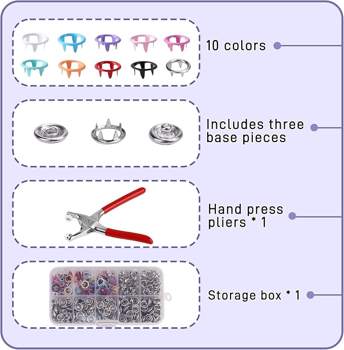 100-piece Metal Snap Button Set, Including Pliers and Pressing Tools, Suitable for DIY Crafts, Garment Sewing, Baby Clothing Sewing Snap Button Set (Colorful Cutout)