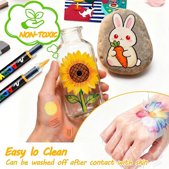 72 Colors Acrylic Paint Markers, Colored Paint Pens Brush Tip with Direct-Liquid Ink Control System, Water-Based Coloring Markers Set for Pumpkin Decorating Kit, Rock, Fabric, Wood, Wood, Art Supplies