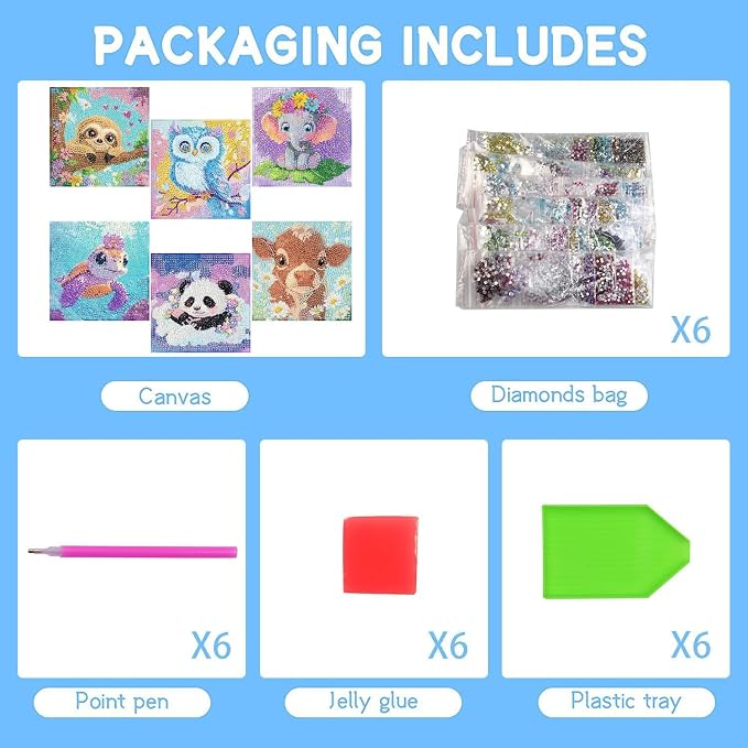 VividMeng 6 Pack Diamond Painting Kits for Kids Beginners,Full Drill Cute Animals Diamond Art Kits,Diamond Art Arts and Crafts for Kids Ages 4-8-12,Home Wall Decor 6x6 Inch