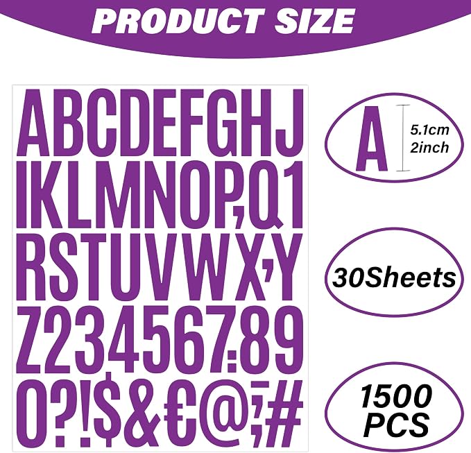 Letter Stickers 30 Sheets 1500 PCS Large 2 Inch Alphabet Stickers, Purple