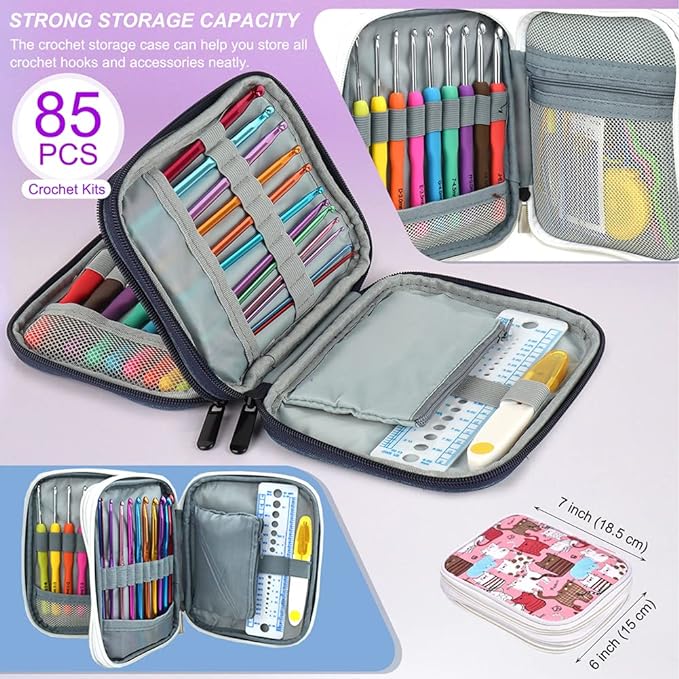 Katech Crochet Hooks Set with Case, Ergonomic for Comfortable Crocheting | 85 Pcs Metal Crochet Needles and Complete Crochet Accessories for Beginners and Experienced-Ideal Gift for Girls Mother