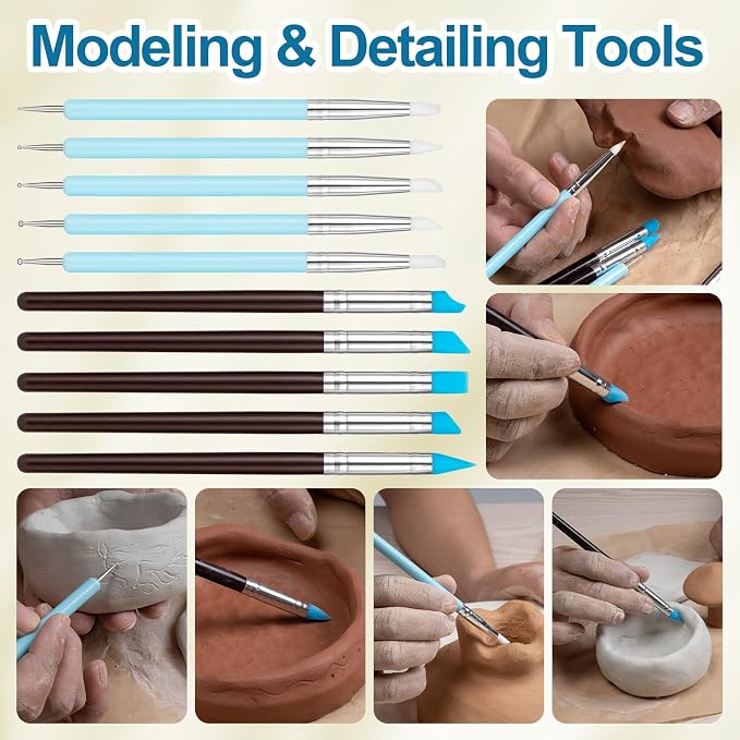 Amrules 10 Pcs Clay Sculpting Tools Kit with Silicone Tips | Multiple Shaped Silicone Tips, Soft & Lightweight, Easy to Clean, Comfortable Handles,for Pottery, Fondant, Nail Art & Crafts