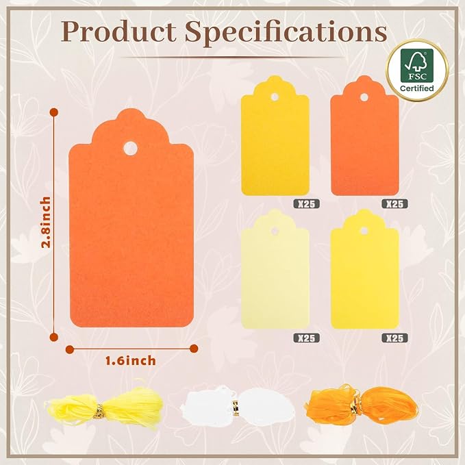 SallyFashion 100PCS Yellow Orange Gift Tags with Organza Ribbons | Four Gradient Colors and Three Matching Ribbon Rolls Suit Fall Gifts and Themed Parties