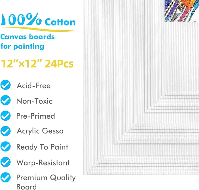 Gotideal Canvas for Painting, 24pcs 12x12 Primed Bulk Painting Canvas Board | for Kids and Adults, White Blank Canvas Panels for Acrylic Paint, Oil, Pour Art Supplies