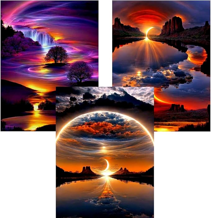 3 Pack Sunrise Diamond Painting Kits for Adults,5D Diamond Art Sets | Landscape DIY Full Drill Round Gem Painting Diamond Art for Adult Beginners, Home Wall Decor 12x16 Inch