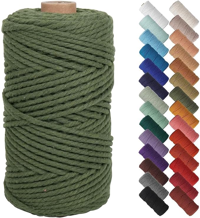 NOANTA Olive Green Macrame Cord 3mm x 109yards, Cotton Rope Macrame Yarn | Macrame Rope Supplies, 3 Strand Twisted Cotton Yarn String, Cotton Cord for Wall Hanging, Plant Hangers, Crafts, Knitting