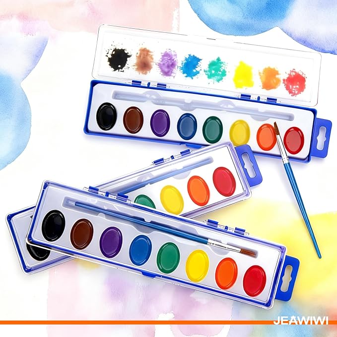 JEAWIWI 25 Pack Watercolor Paint Sets, 8 Washable Colors with Brushes