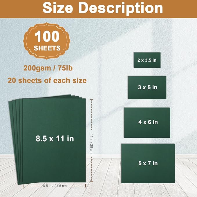Silunkia 100 Sheets Dark Green Cardstock 5 Assorted Size 75lb