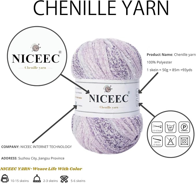 NICEEC 2 Skeins Soft Chenille Yarn 2x255m(2x279yds,3x150g)_Foggy Purple