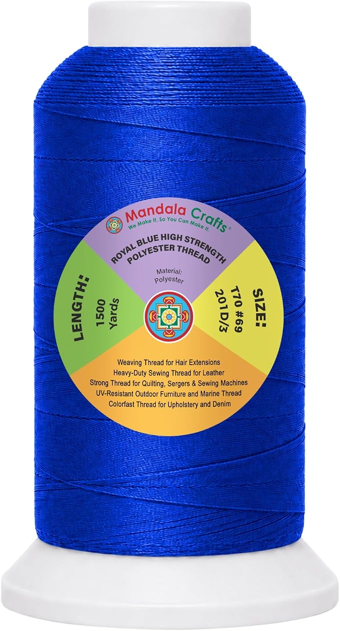 Mandala Crafts Royal Blue Tex 70 Polyester Heavy Duty Thread for Upholstery | 1500 Yds T70 UV Resistant Strong Thread for Leather Sewing, Marine, Drapery, Jeans, Hair Weaving & Extension, Outdoor