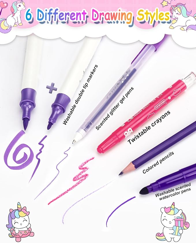 98X Washable Scented Markers Set with Unicorn Pencil Case for Kids Coloring