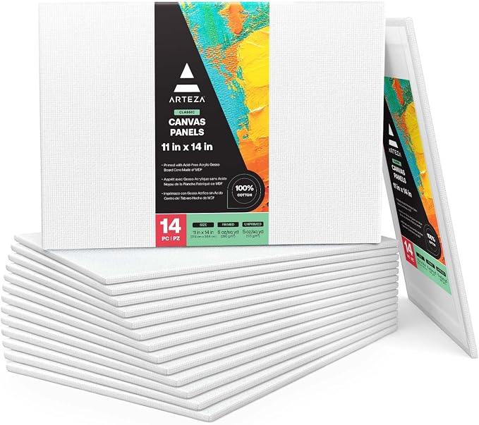 ARTEZA Canvas Panels, 11 x 14 in, Pack of 14, 100% Cotton Pre-Primed Canvas Boards for Acrylic, Oil, Gouache, Tempera, Pouring Paint, Crafts, and Wall Art