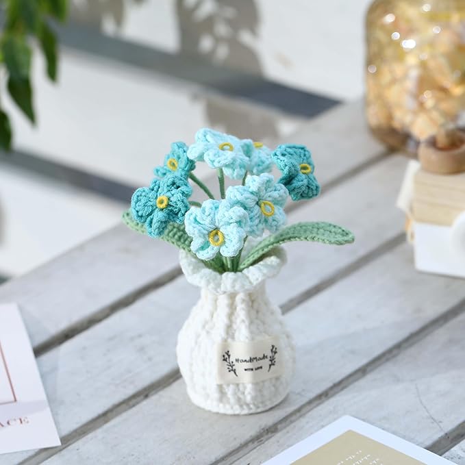 Crochet Flower Pot Forget-me-not Valentines Day Gift for Women Him Her Boyfriend Girlfriend Lover Husband Couples Wife Coworker Birthday Wedding Knitted Blue Plant Cute Office Desk Decor