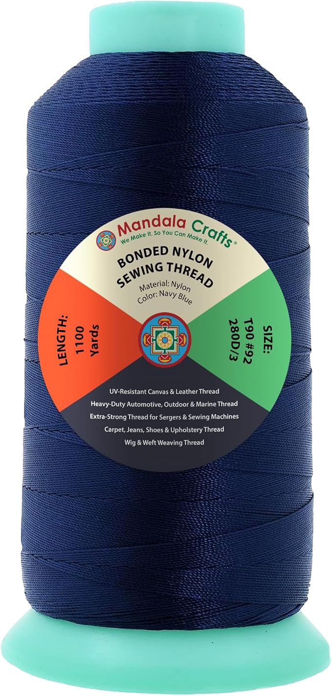 Mandala Crafts Size 92 280D T90 Navy Blue Bonded Nylon Thread, 1100 YDs
