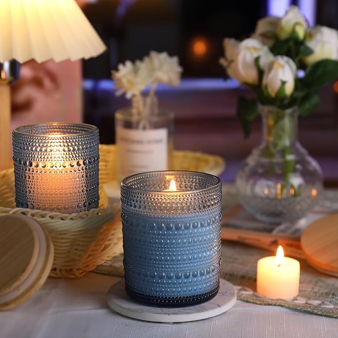 DARJEN 12 Pcs 10 oz Glass Candle Jars with Lids, Candle Container Tins-Blue | Thick Wall Ribbed Glass, Airtight Wood Lids, The go to candle jar for DIY, thoughtful gifters, growing candle brands