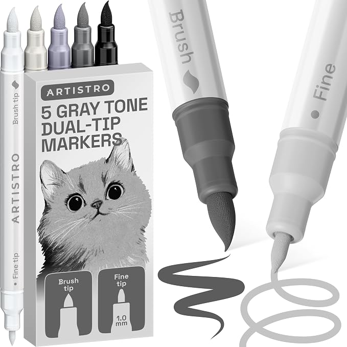 ARTISTRO 5 Gray Tones Dual-Tip Acrylic Paint Marker Pens for Drawing | For Fabric, Rock, Glass, Wood, & Molds, Arts & Crafts Gift for Adults, Teens, & Kids, Classroom Must Haves & School Supplies