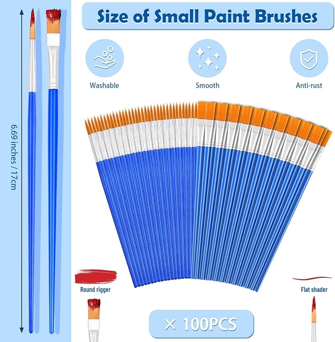 Small Paint Brushes Bulk, Anezus 100 Pcs Flat and Round Pointed Brushes Craft Paint Brushes for Classroom Watercolor Canvas Face Painting