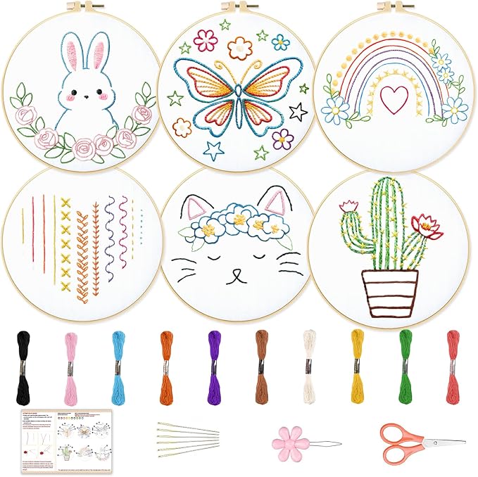 BEUNITONE 6Pcs Easy Embroidery Kit for Adults Beginners, Simple Cross Stitch Starter Set for Beginners, Cute Animal Rainbow Butterfly DIY Craft Activity for Home Decor and Festival Gifts 20x20cm