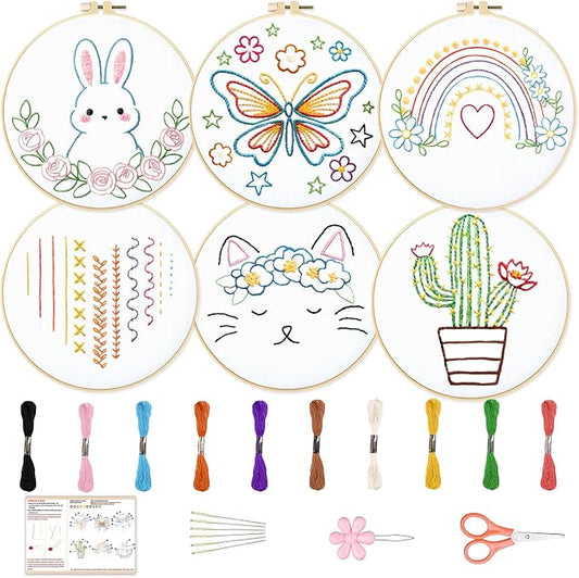 BEUNITONE 6Pcs Easy Embroidery Kit for Adults Beginners, Simple Cross Stitch Starter Set for Beginners, Cute Animal Rainbow Butterfly DIY Craft Activity for Home Decor and Festival Gifts 20x20cm
