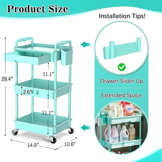 SUNALLY 3 Tier Rolling Cart with Drawer, Craft Storage Cart Organizer, Blue