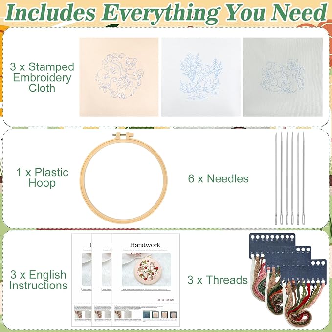 Mindsoft 3 Set Needlepoint Kit for Beginners with Hoop,Garden Mouse | Bamboo Hoop Thread Needles Instructions, Easy Hand Embroidery for Beginners Home Crafts,Pre-stamped Funny Cute Designs