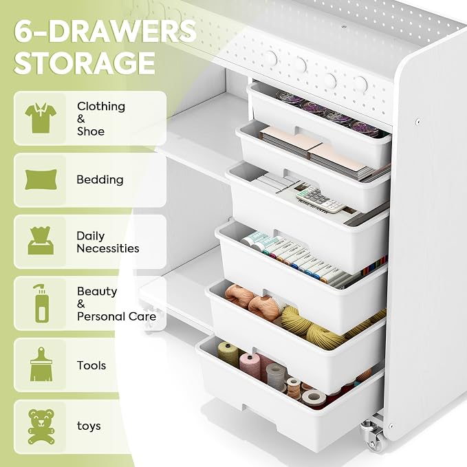 Rolling Craft Cart with 6 Drawers, Pegboard and Locking Wheels White