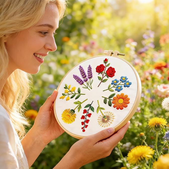 BEUNITONE 6 Pack Beginner Embroidery Kit for Adults, Simple Floral Plants Pre-Stamped Pattern Starter Needlepoint Kits with Hoops & Instruction, Hand Embroidery Kits for Fabric and Home Decor 7.9x7.9