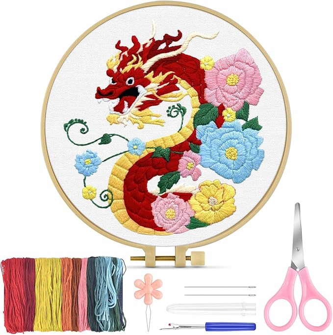 TINDTOP Embroidery Kit for Beginners Adult, Dragon Embroidery Kit for Beginners Include Embroidery Cloth Hoops Threads for Craft Lover Hand Stitch with Embroidery Skill Techniques | for Beginners Include Embroidery Cloth Hoops Threads for Craft Lover H...